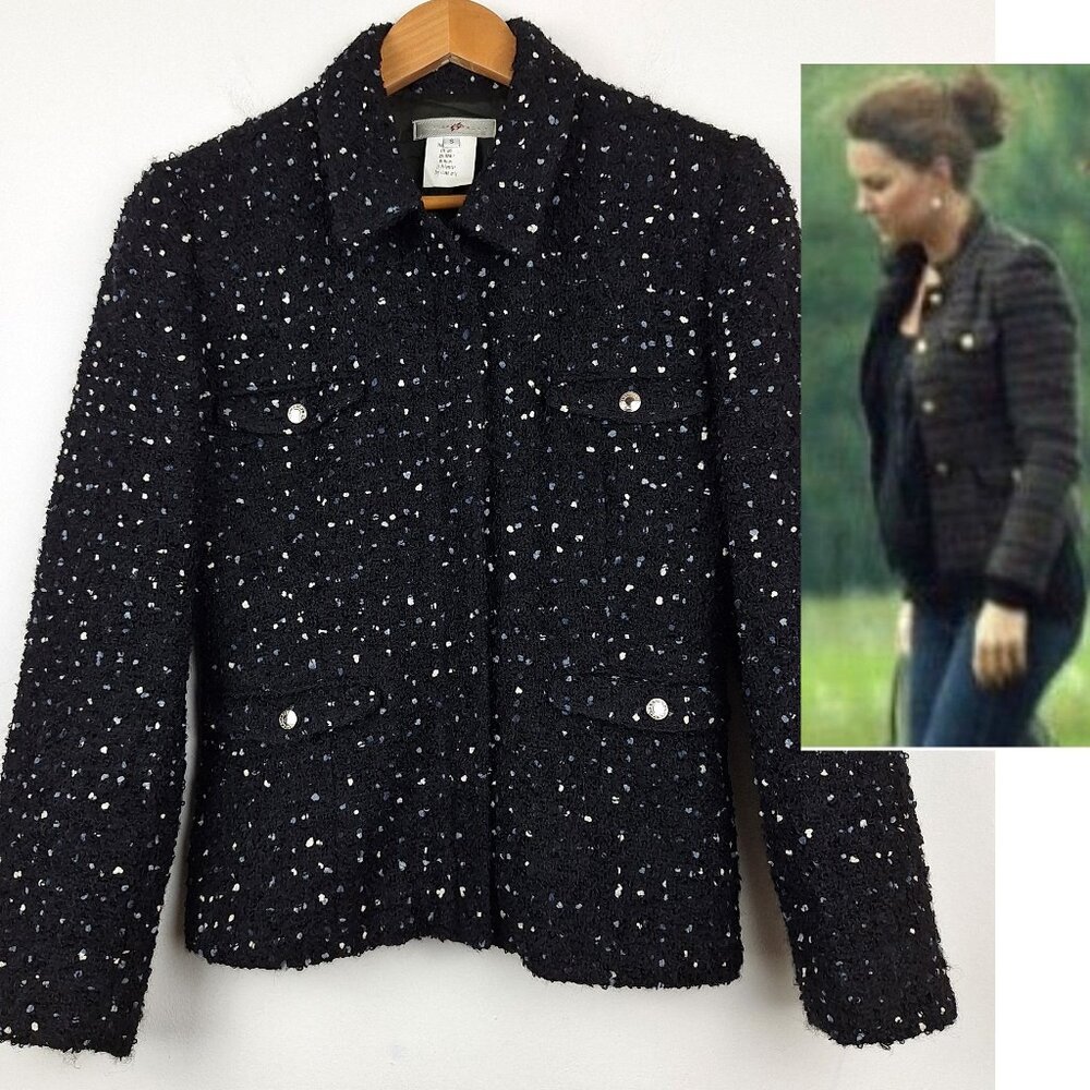 ASO Kate Royal Alternative Mohair Blend Tweed Coat Blazer, Size S. Black Boucle